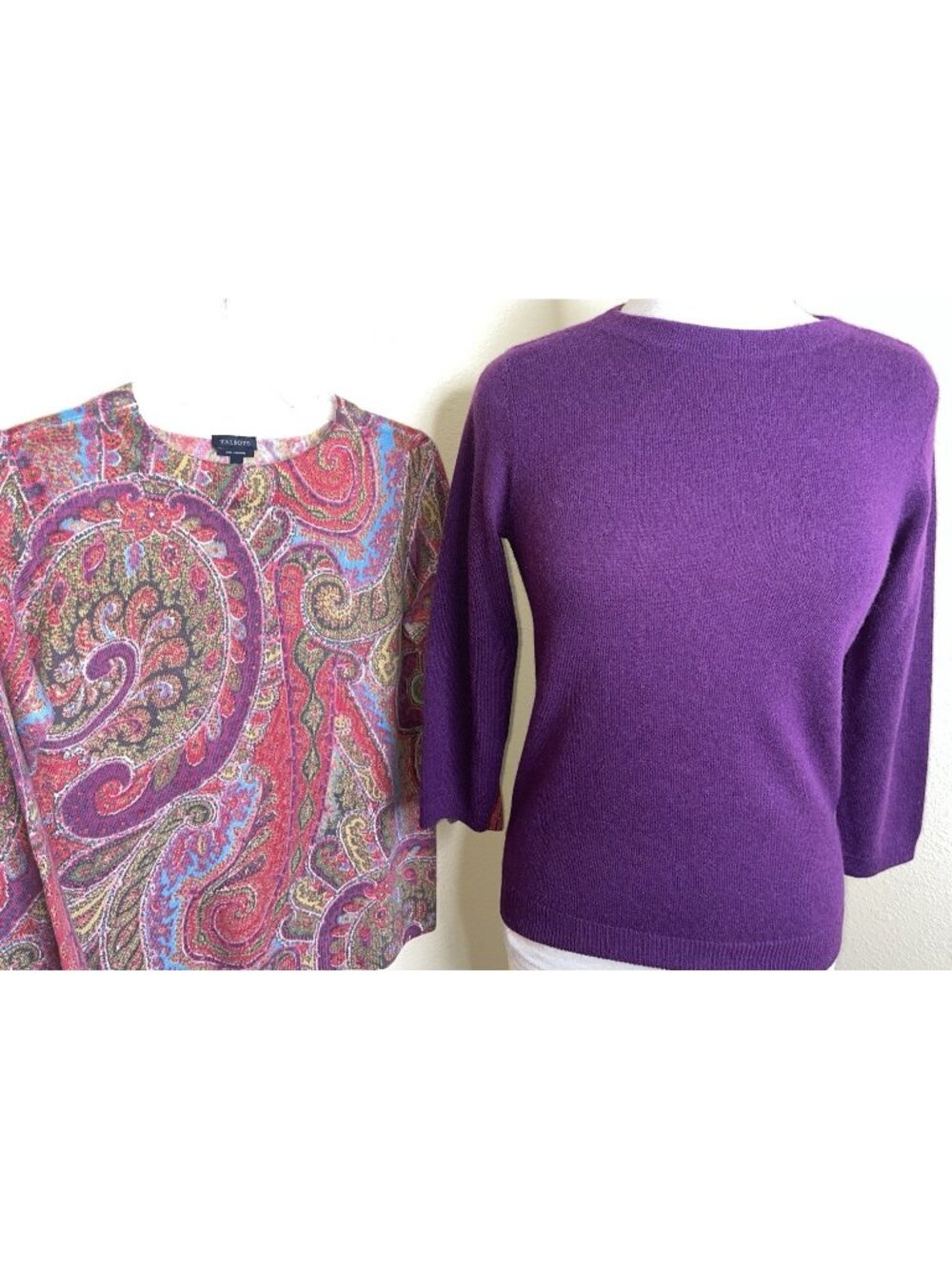 2 Talbots 100% Cashmere Sweater Crew Neck 3/4 Sleeves Pullover Colorful Sm Med